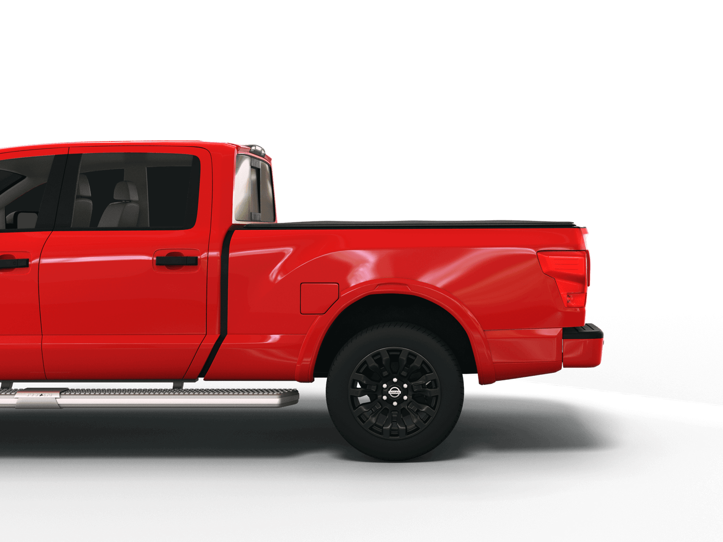 Red Nissan Titan with Sawtooth Stretch expandable tonneau cover laying flat